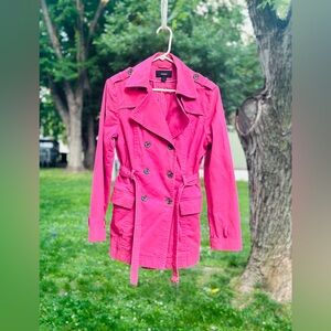 Vintage Express Hot Pink Collared Pea Coat With Belt & Pockets Color Pops SZ SM